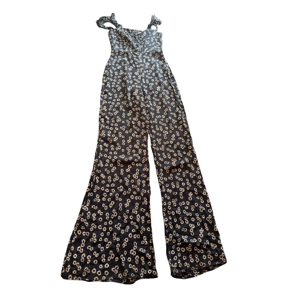 Flynn Skye Jumpsuit Navy Daisy Floral Wide Leg Ruffle Strap XS Boho Made in USA